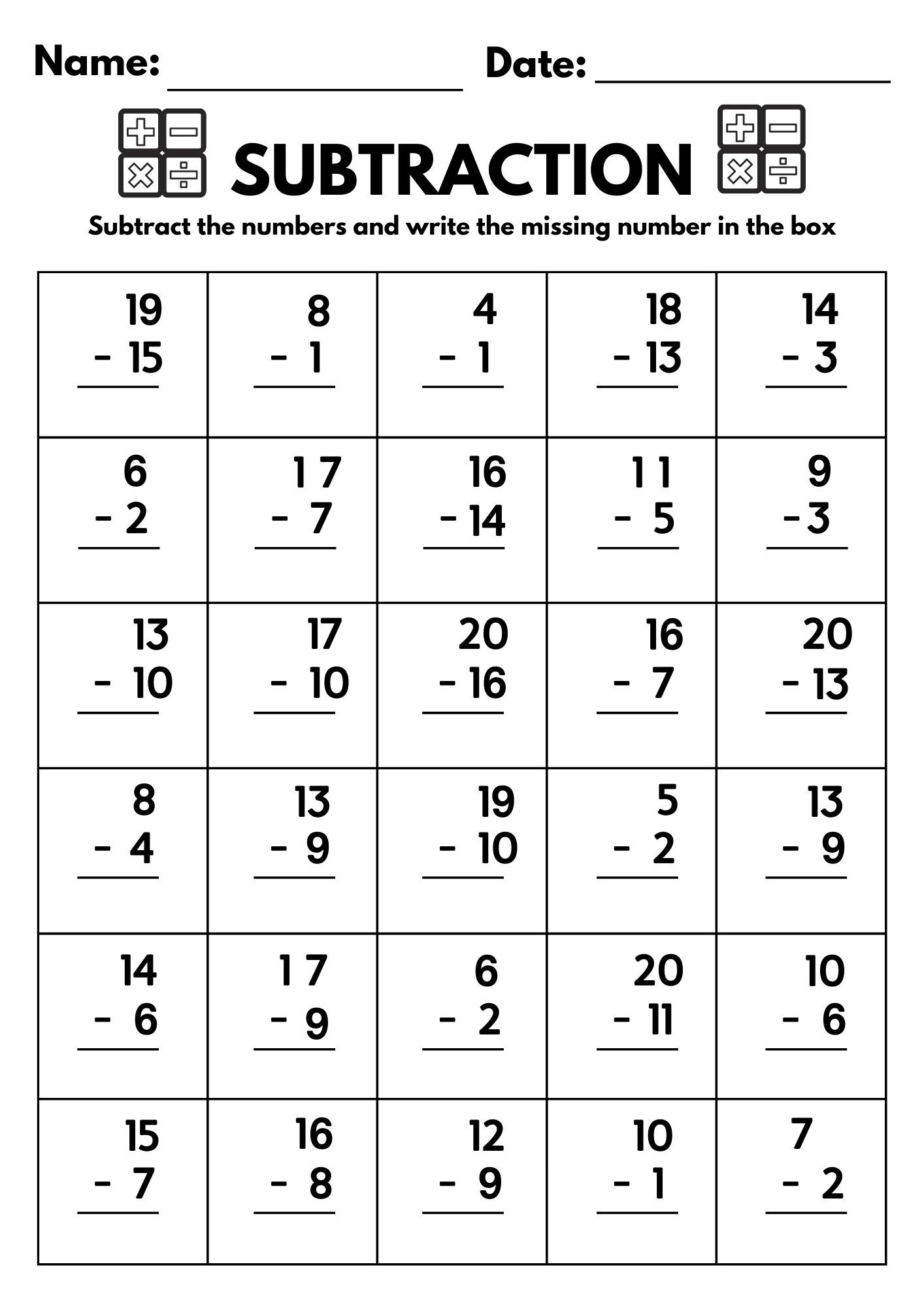 10 Printable Subtraction Fill In The Blanks Worksheets Numbers 1 20 For Kindergarten 1st Grade 2nd Grade Math Subtraction Worksheets Etsy UK