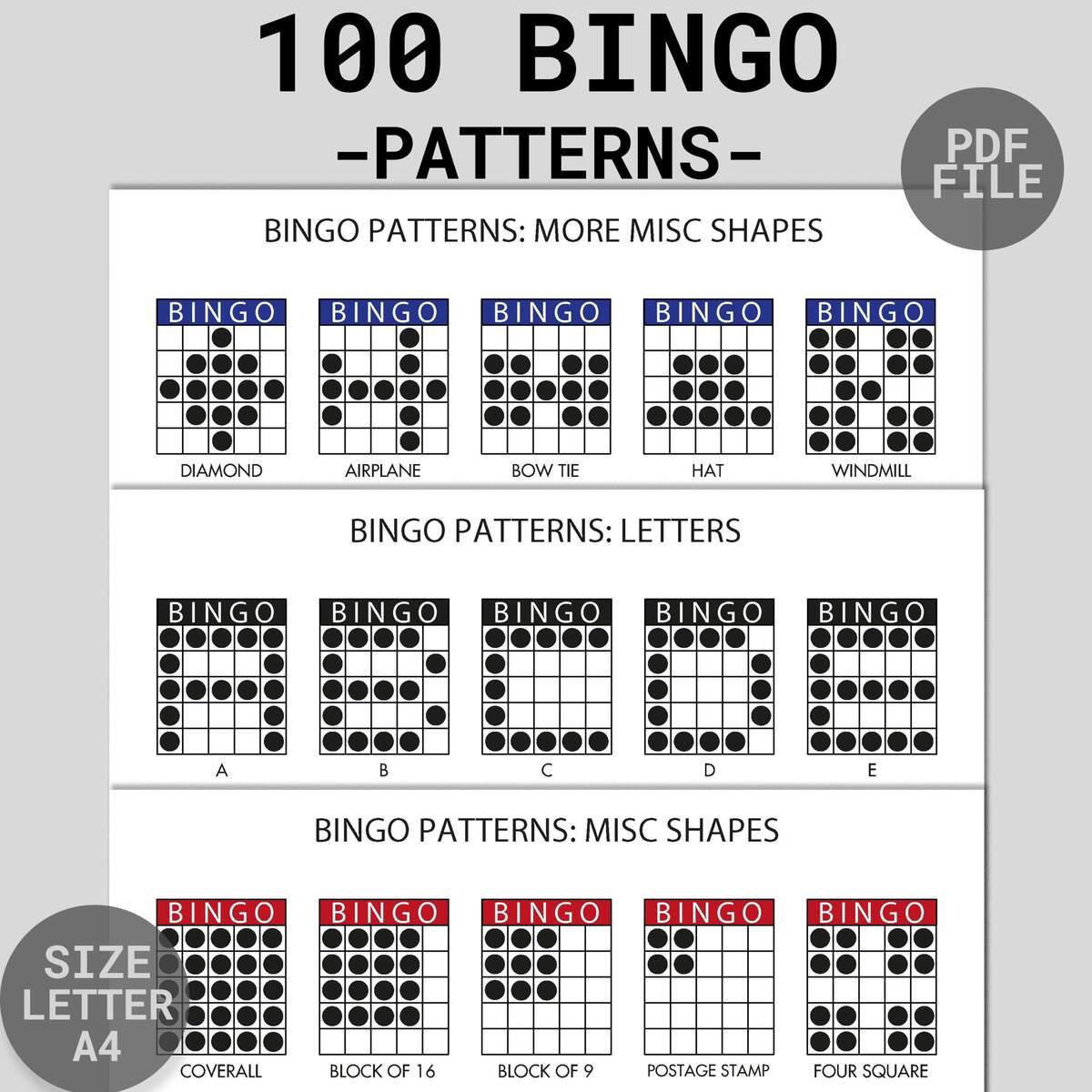 100 Bingo Patterns Printable Fun Bingo Party Game Bingo Winning Patterns Bingo Alphabet Numbers Signs Shapes PDF Download Etsy