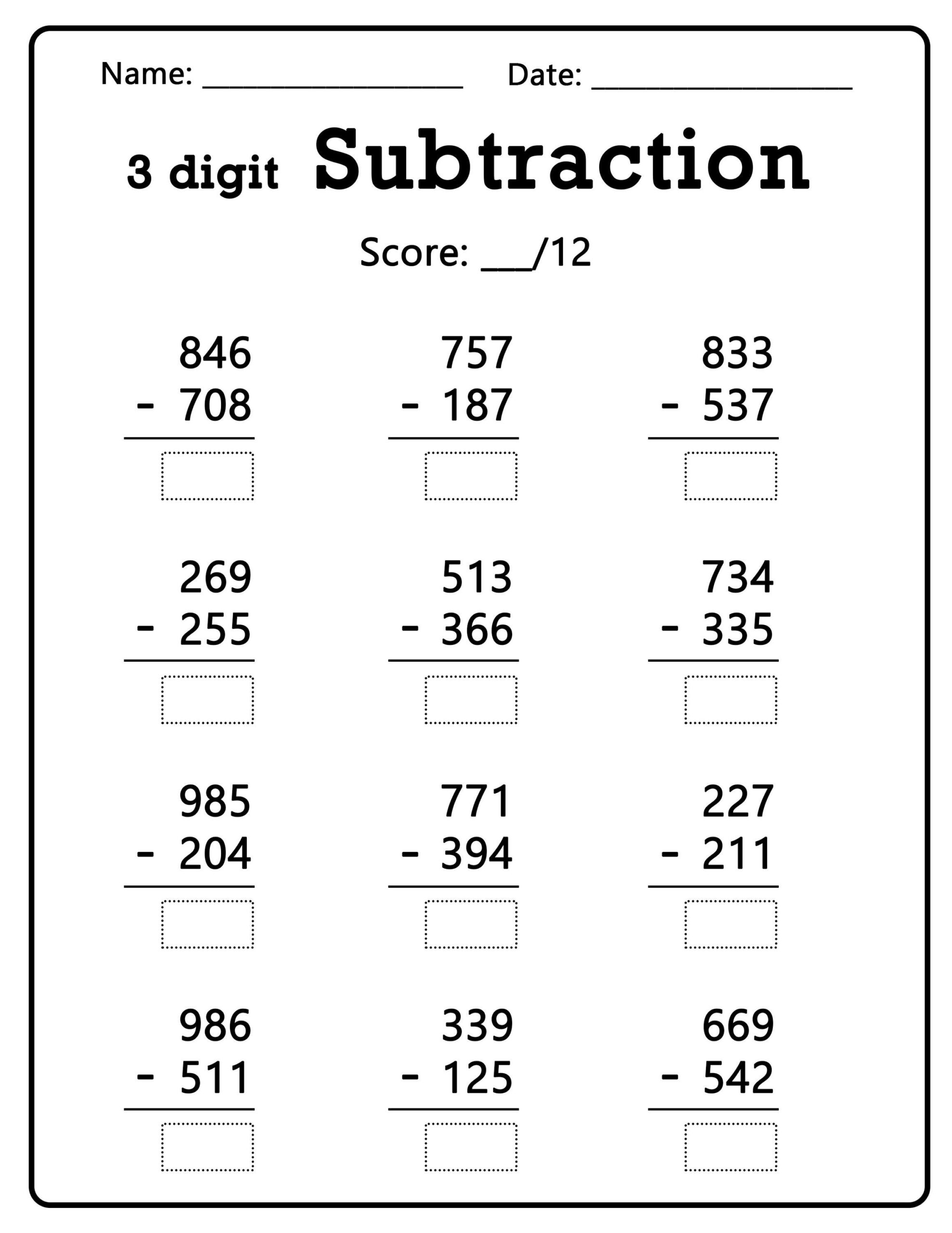 100 Three Digit Subtraction Worksheets Printable Math Worksheets 100 999 Numbers Educational Resources Activities Etsy