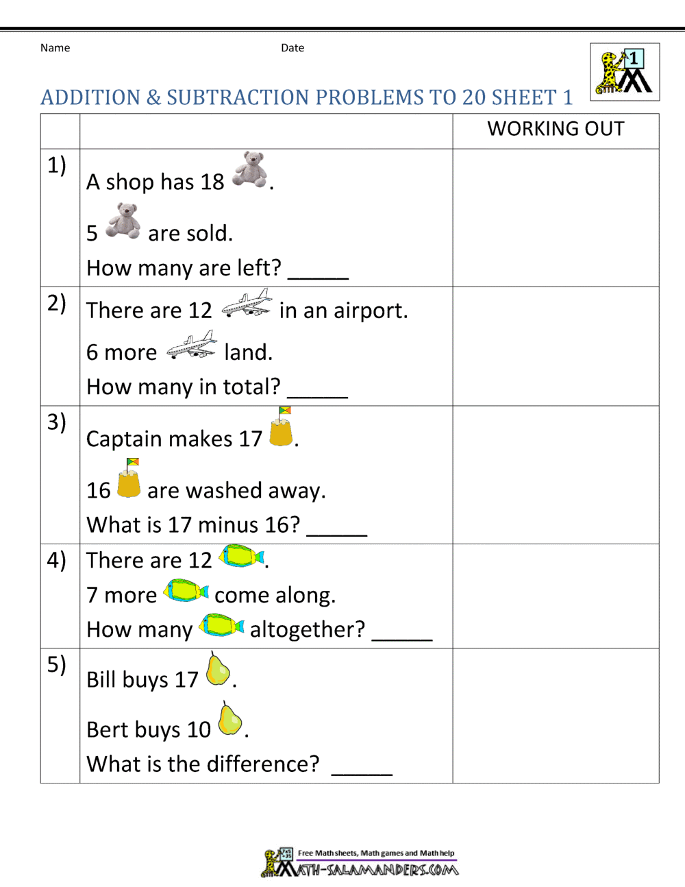 1st Grade Addition And Subtraction Word Problems