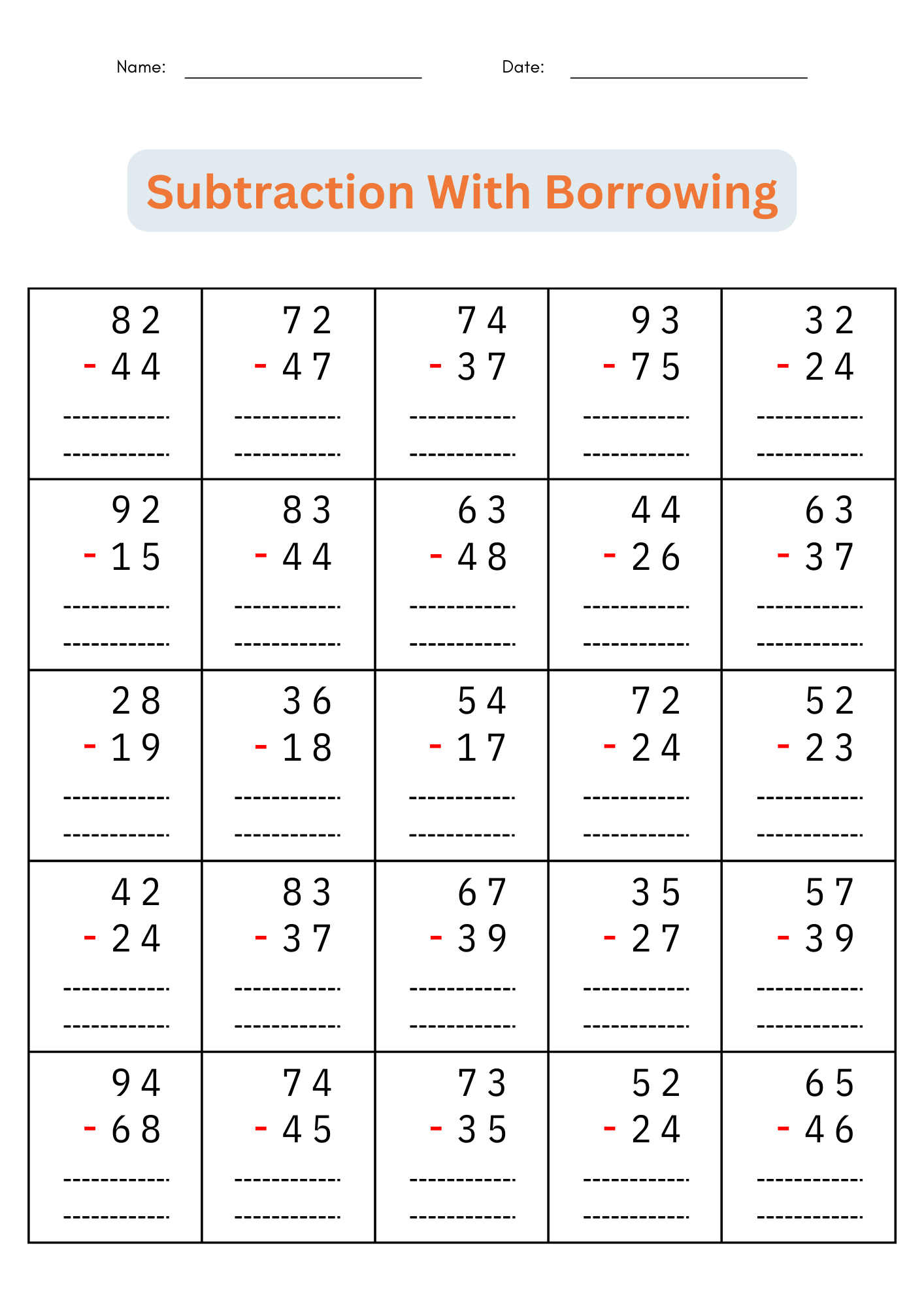 Double Digit Subtraction With Regrouping Borrowing K12 Math Worksheets