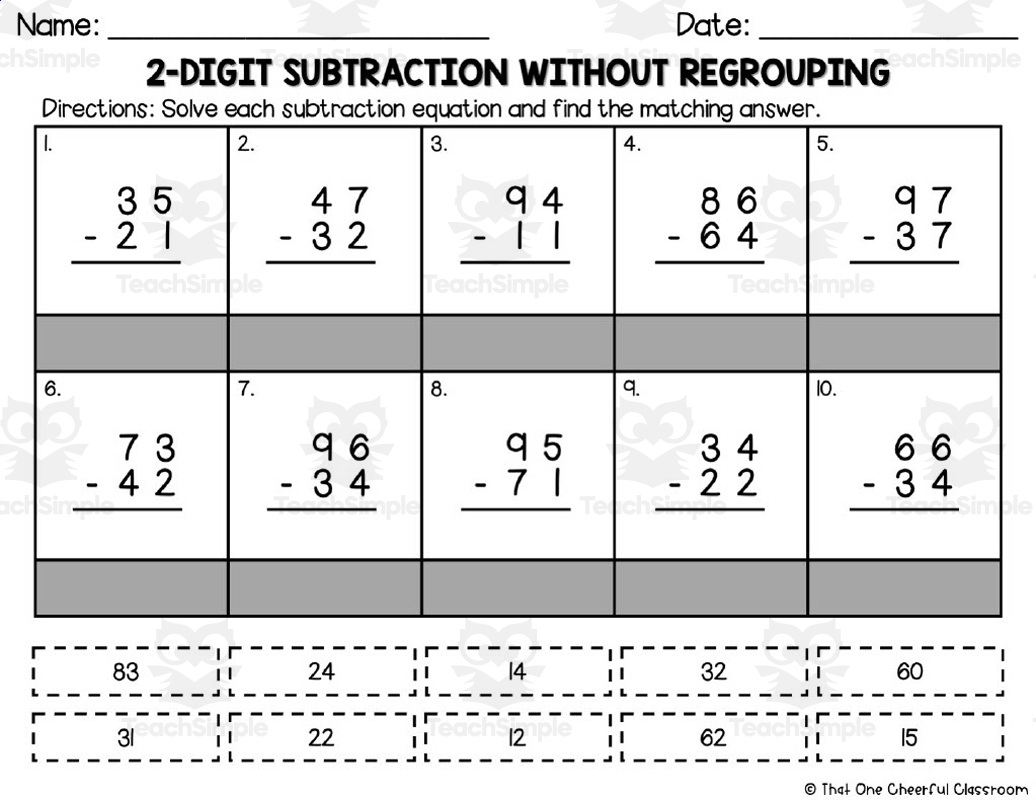 2 Digit Subtraction Without Regrouping Matching Worksheet By Teach Simple