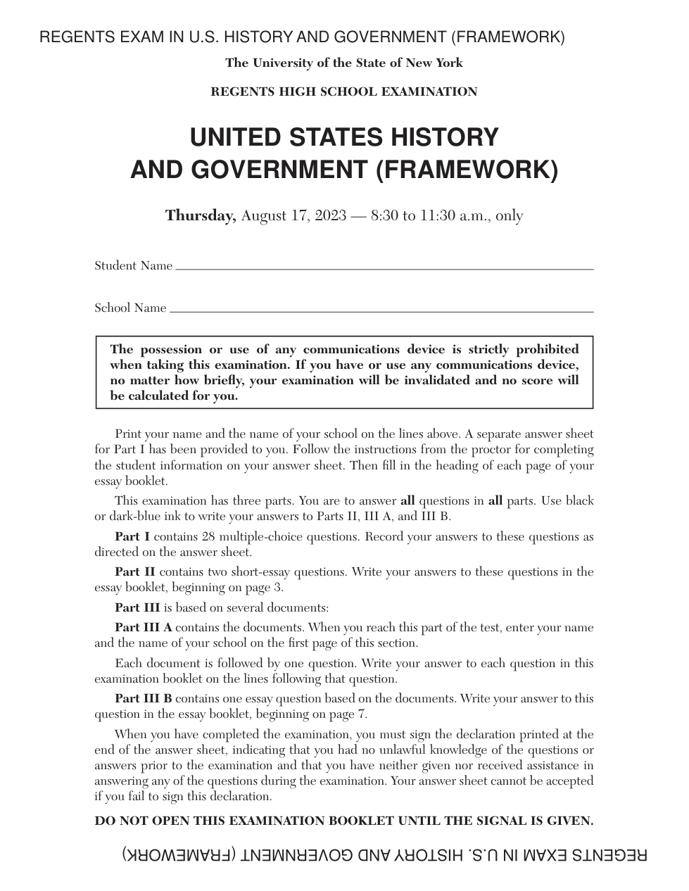2023 August NY Regents United States History And Government Framework Sara Cowley Library Formative