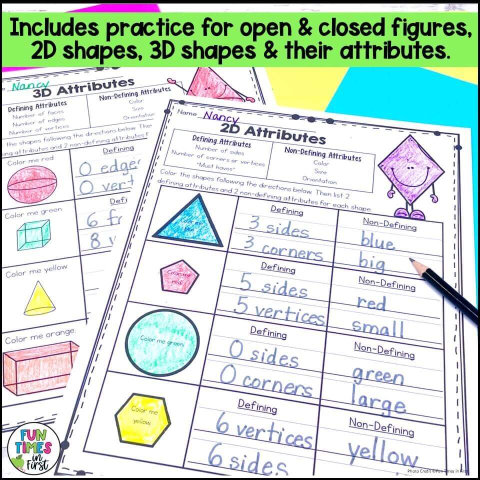 2D And 3D Shape Worksheets Shape Attributes Halves Fourths Names Of Shapes Made By Teachers