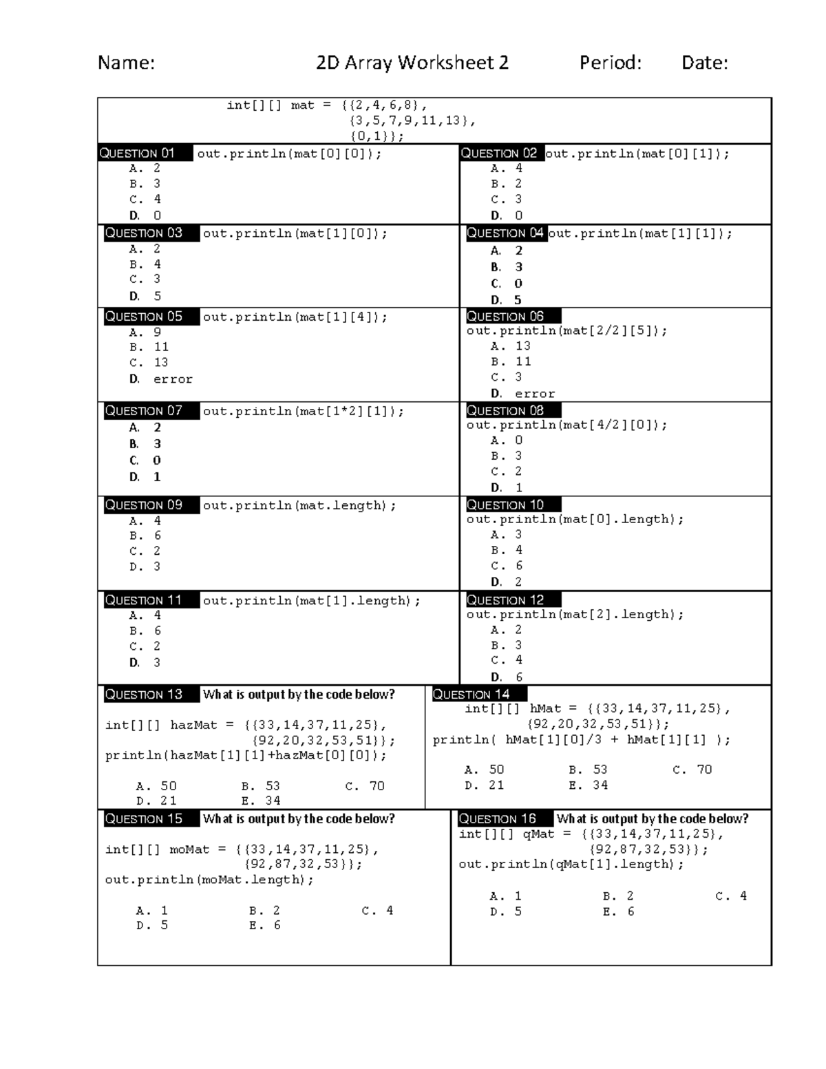 2D Arrays Worksheet 2 Practice Questions And Answers Studocu
