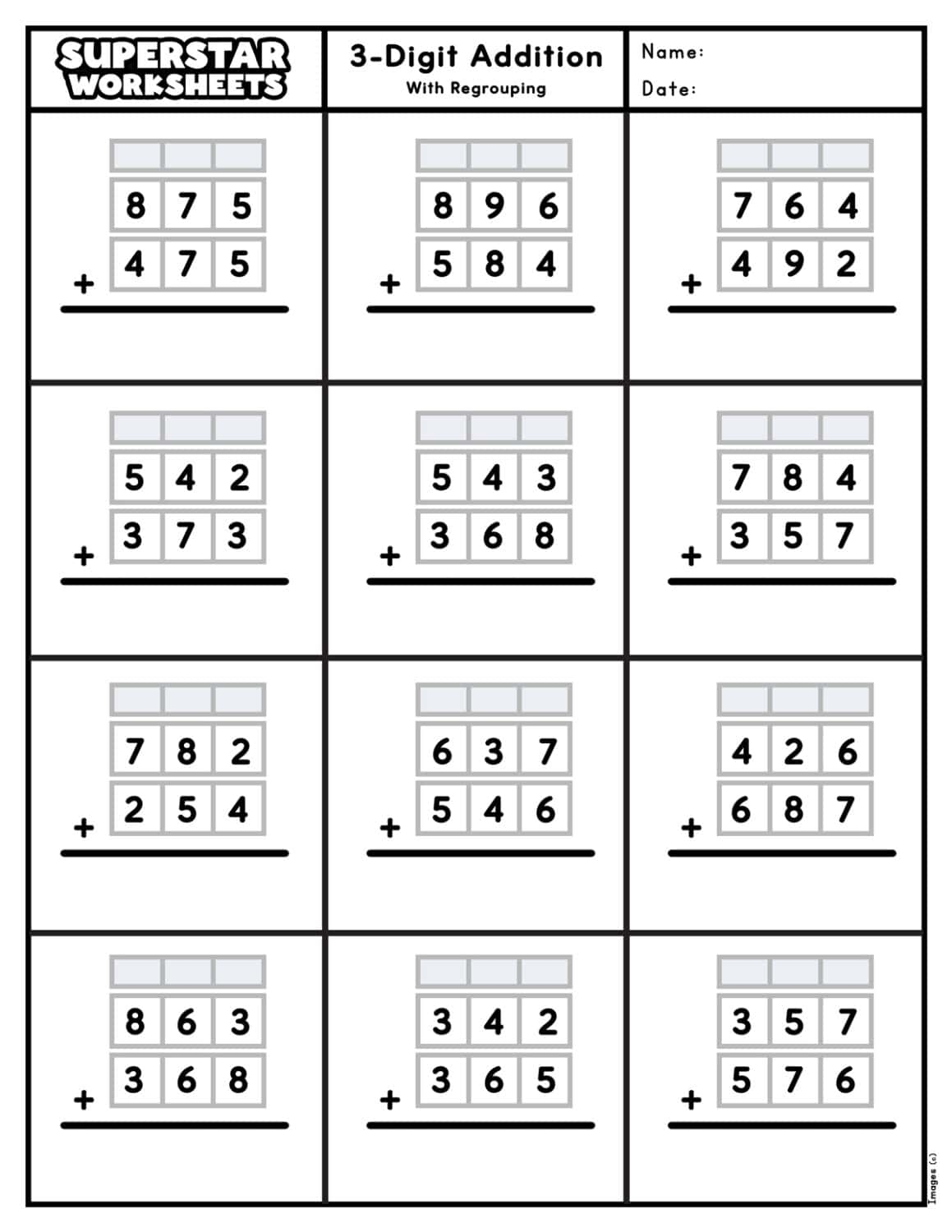 Blank 3 Digit Addition Worksheets Three Digit Addition Regrouping Template Made By Teachers