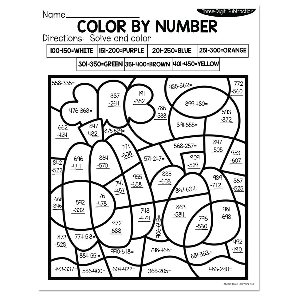 3 Digit Subtraction Fall Color By Number Pumpkins Lucky Little Worksheets Library