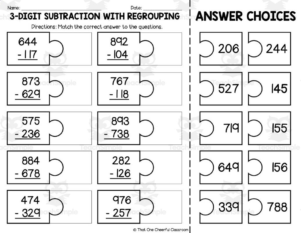 3 Digit Subtraction With Regrouping Matching Worksheet By Teach Simple