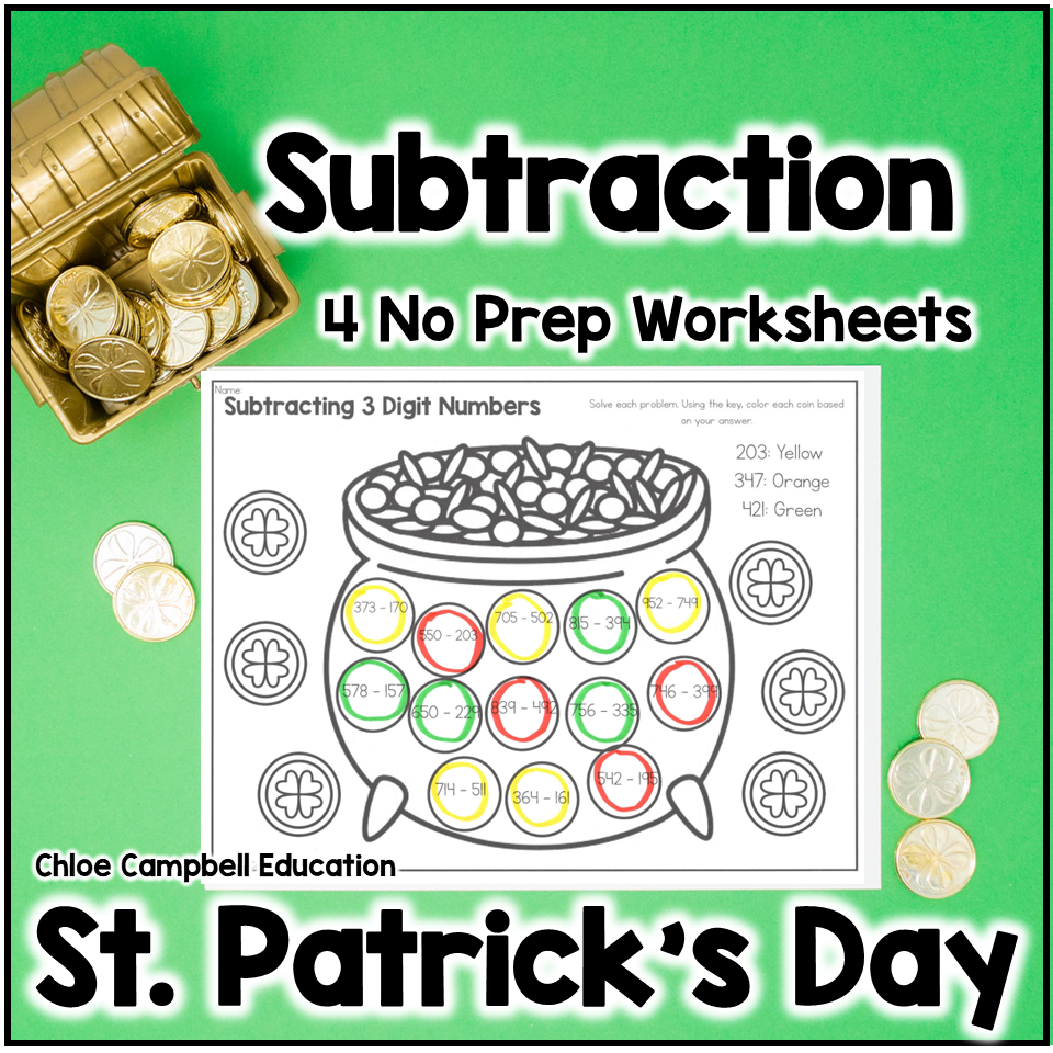 3 Digit Subtraction With Regrouping St Patrick S Day Color By Number Worksheets Chloe Campbell Education