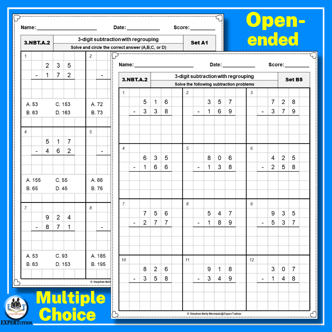 3 Digit Subtraction With Regrouping Worksheets Differentiated Graph Paper Made By Teachers