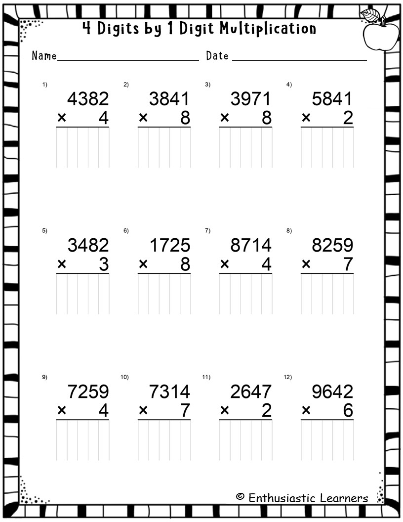4 Digit By 1 Digit Long Multiplication Worksheets Math Problems Teaching Resources