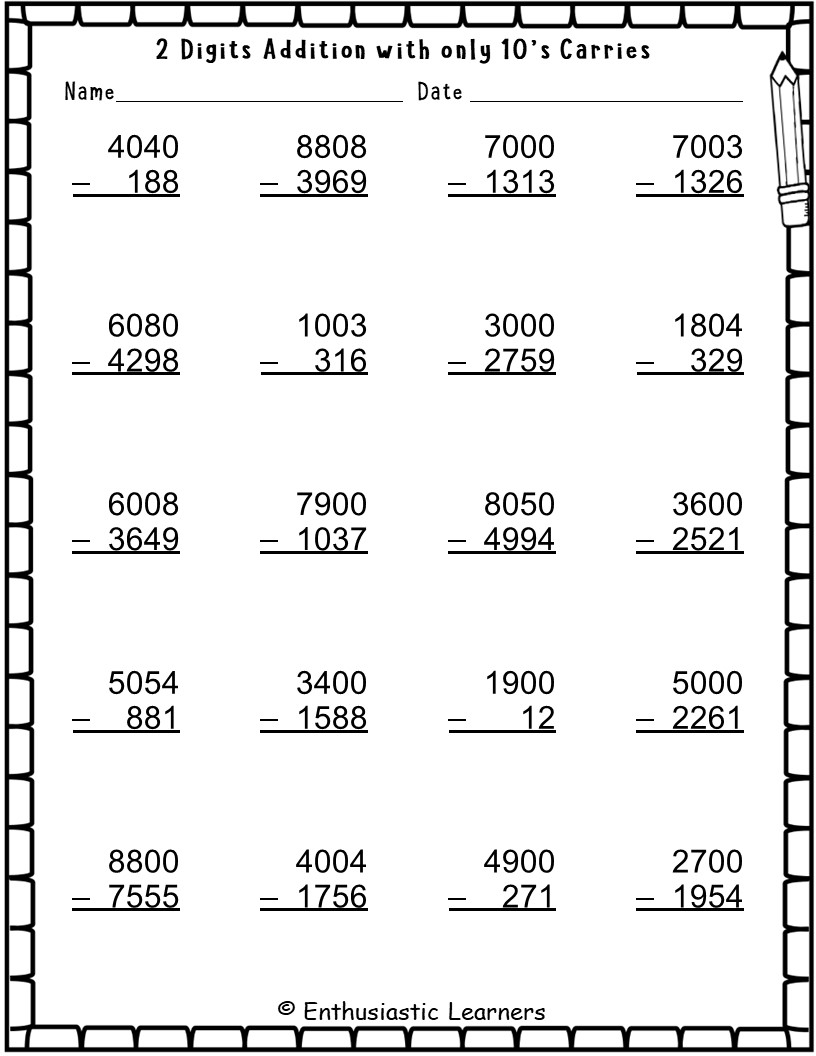 4 Digit Subtraction With Borrowing Across Zero Worksheets Practice Activity Teaching Resources