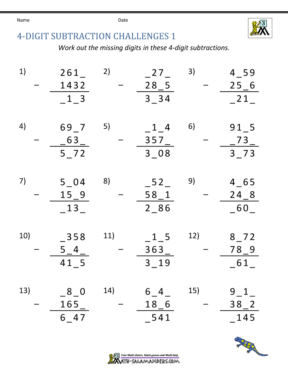4 Digit Subtraction Worksheets