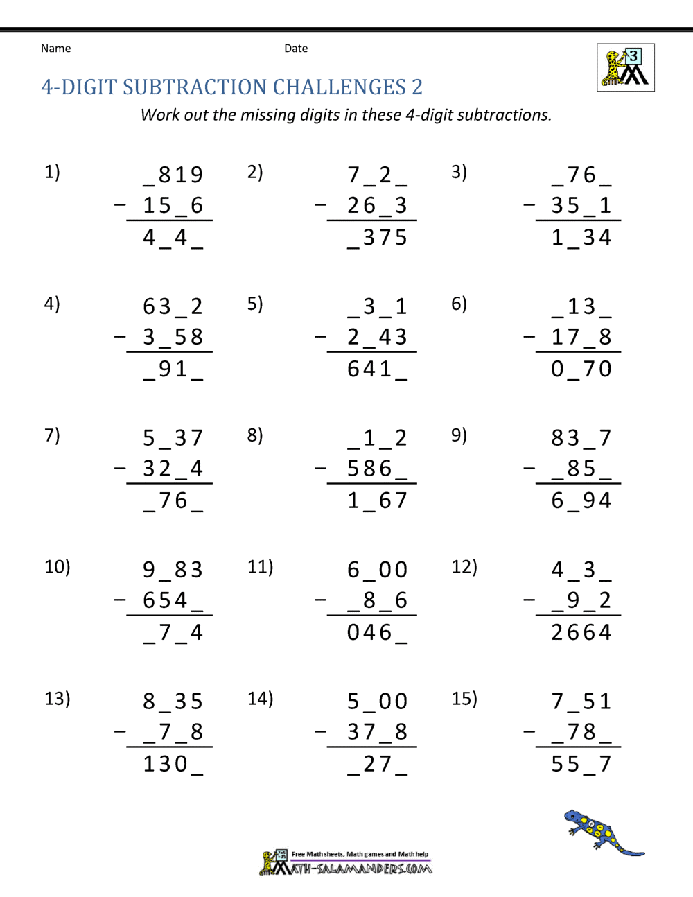 4 Digit Subtraction Worksheets