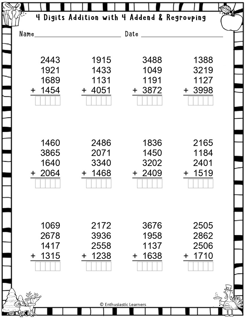 Addition 4 Digit Worksheets 3rd Grade