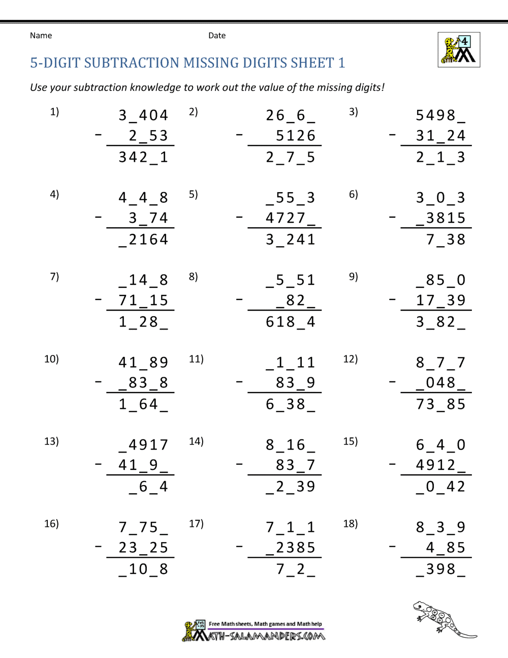 5 Digit Subtraction Worksheets 5 Digit Subtraction Worksheets