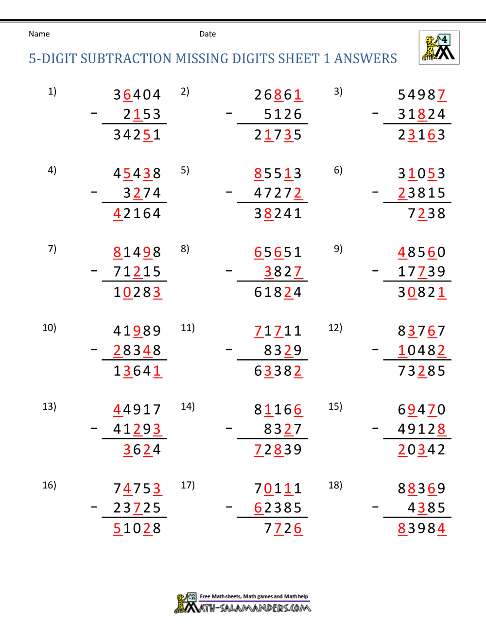 5th Grade Subtraction Worksheets