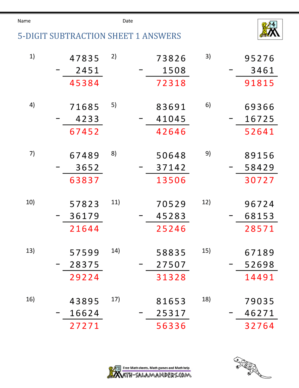 5 Digit Subtraction Worksheets