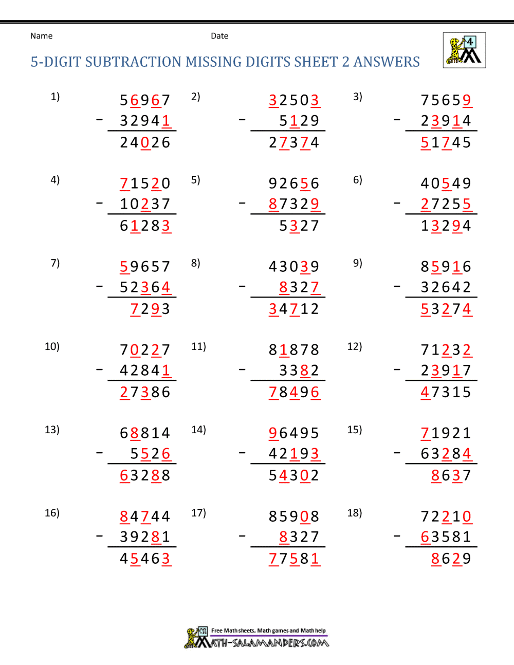 5 Digit Subtraction Worksheets