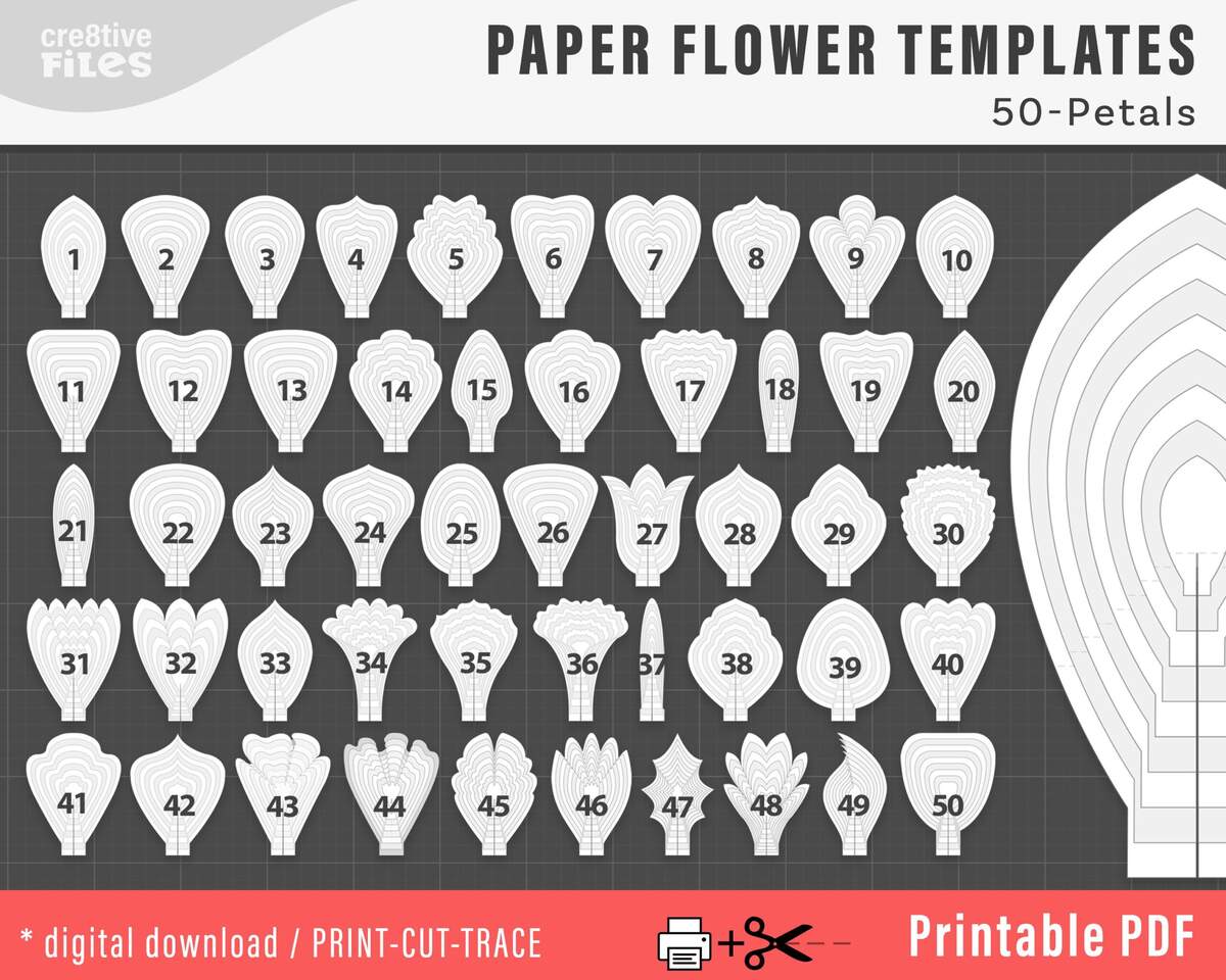 50 PDF PRINTABLE Paper Flower PETAL Templates Diy Large Paper Flower Templates Molde De Flores De Papel Print Cut Trace Flower Templates Etsy