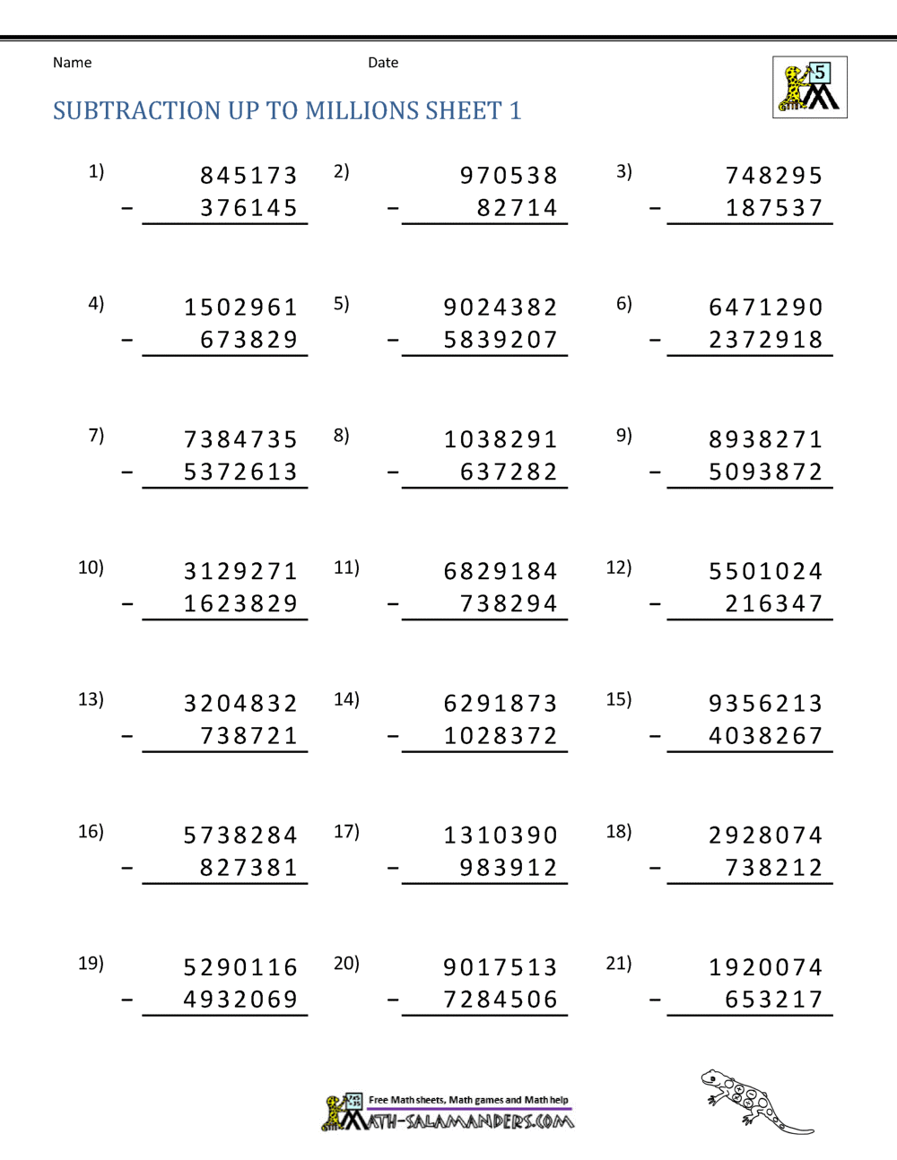 5th Grade Subtraction Worksheets