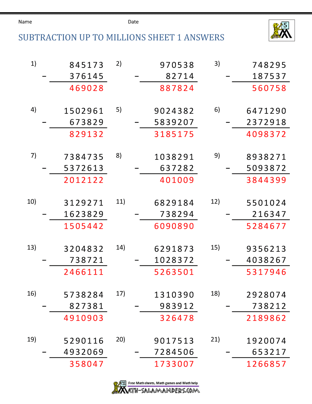 5th Grade Subtraction Worksheets