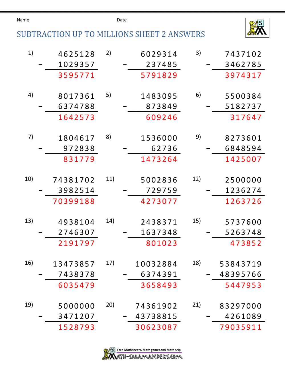 5th Grade Subtraction Worksheets