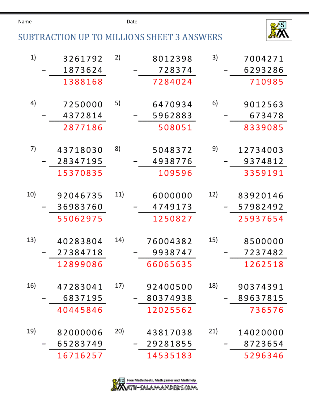 5th Grade Subtraction Worksheets