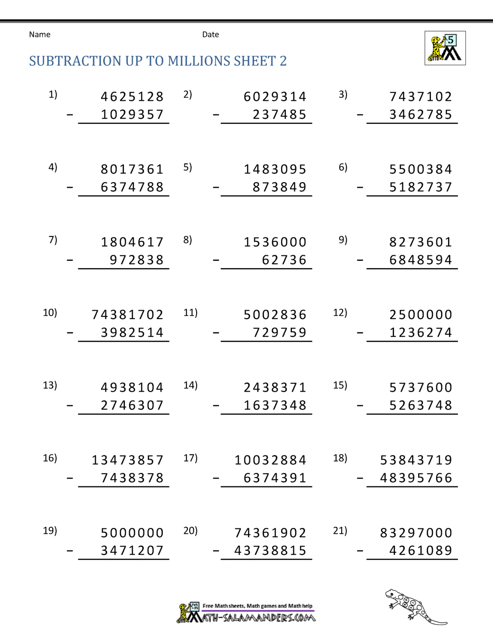 5th Grade Subtraction Worksheets