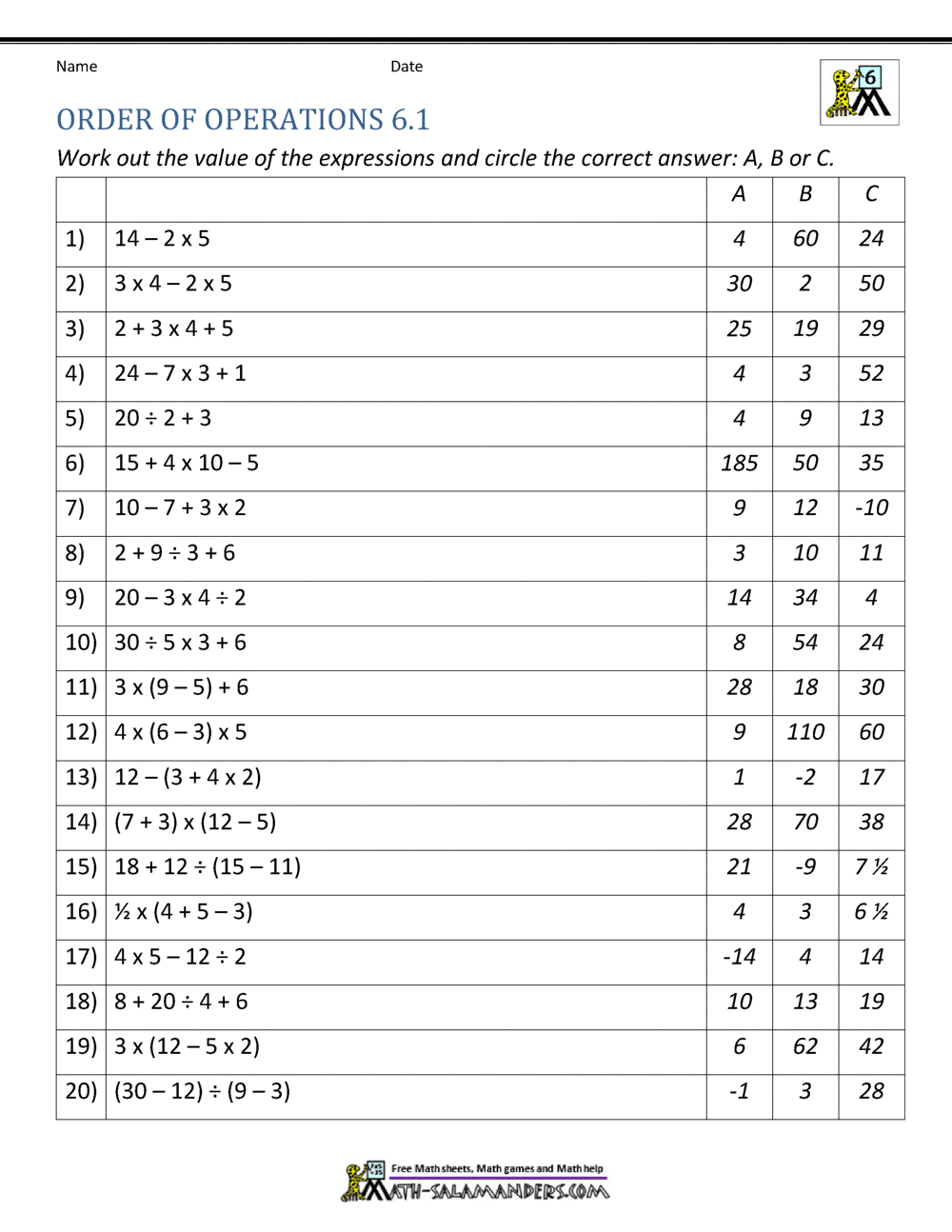 6th Grade Order Of Operations Worksheets Order Of Operations Superstar Worksheets