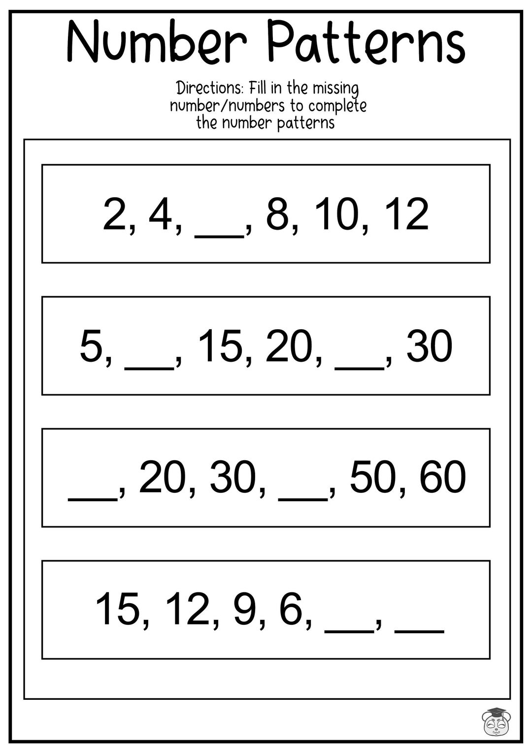 7 Printable Number Patterns Math Worksheet Fill In The Blanks To Complete The Number Patterns Ages 6 8 Grades 1 To Grade 3 Etsy 7 Printable Number Patterns Math Worksheet Fill In The Blanks To Complete The Number Patterns Ages 6 8 Grades 1 To Grade 3 Etsy