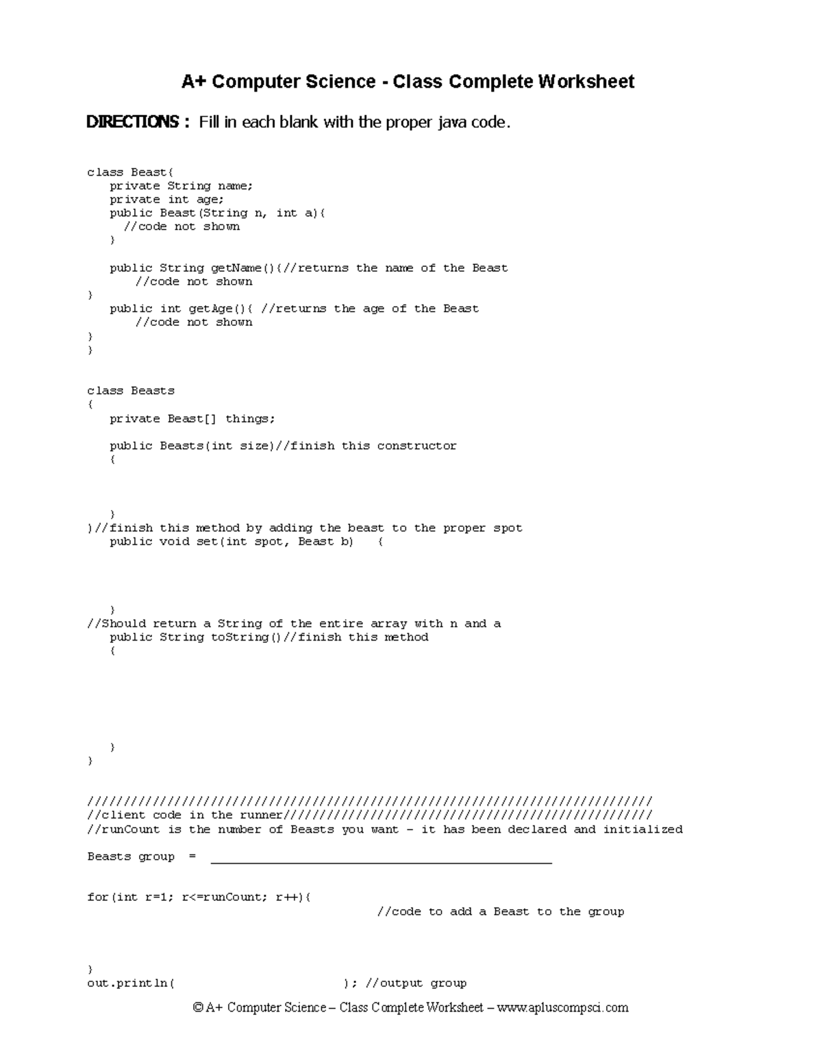 A Java Class Complete Worksheet 10 Code Fill In Exercise Studocu