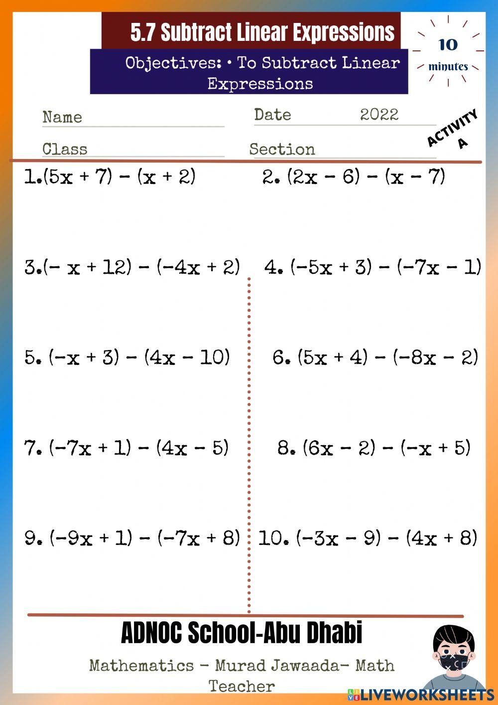Add And Subtract Linear Expressions Activity Coloring Worksheet Worksheets Library