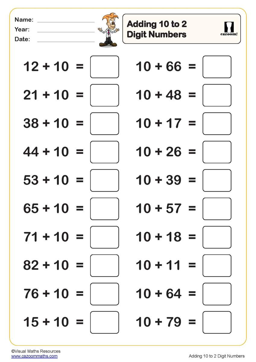 Adding 10 To 2 Digit Numbers Worksheet 20 Questions Fun And Engaging Year 2 PDF Worksheets