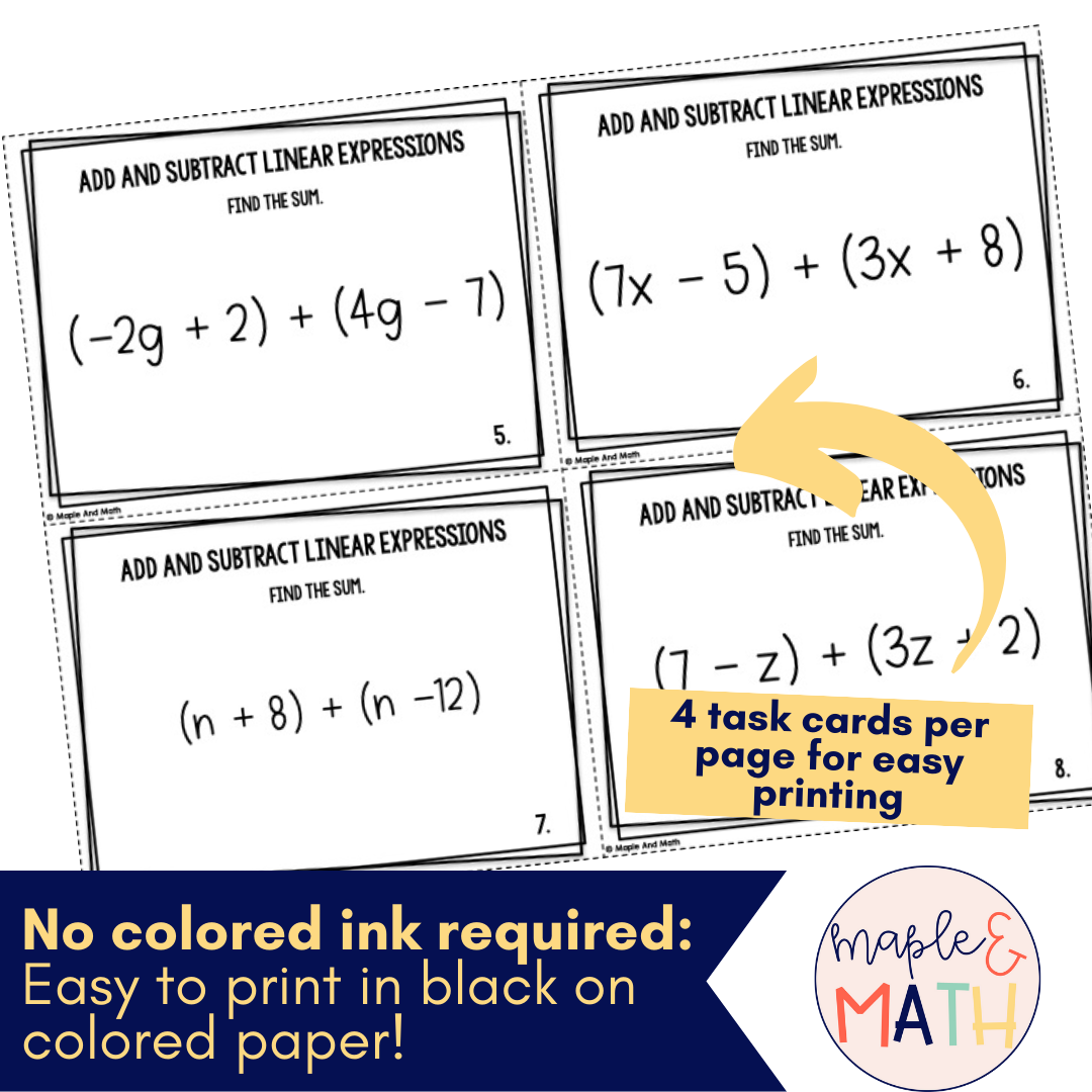 Adding And Subtracting Linear Expressions Task Cards 7th Grade Classful Adding And Subtracting Linear Expressions Task Cards 7th Grade Classful