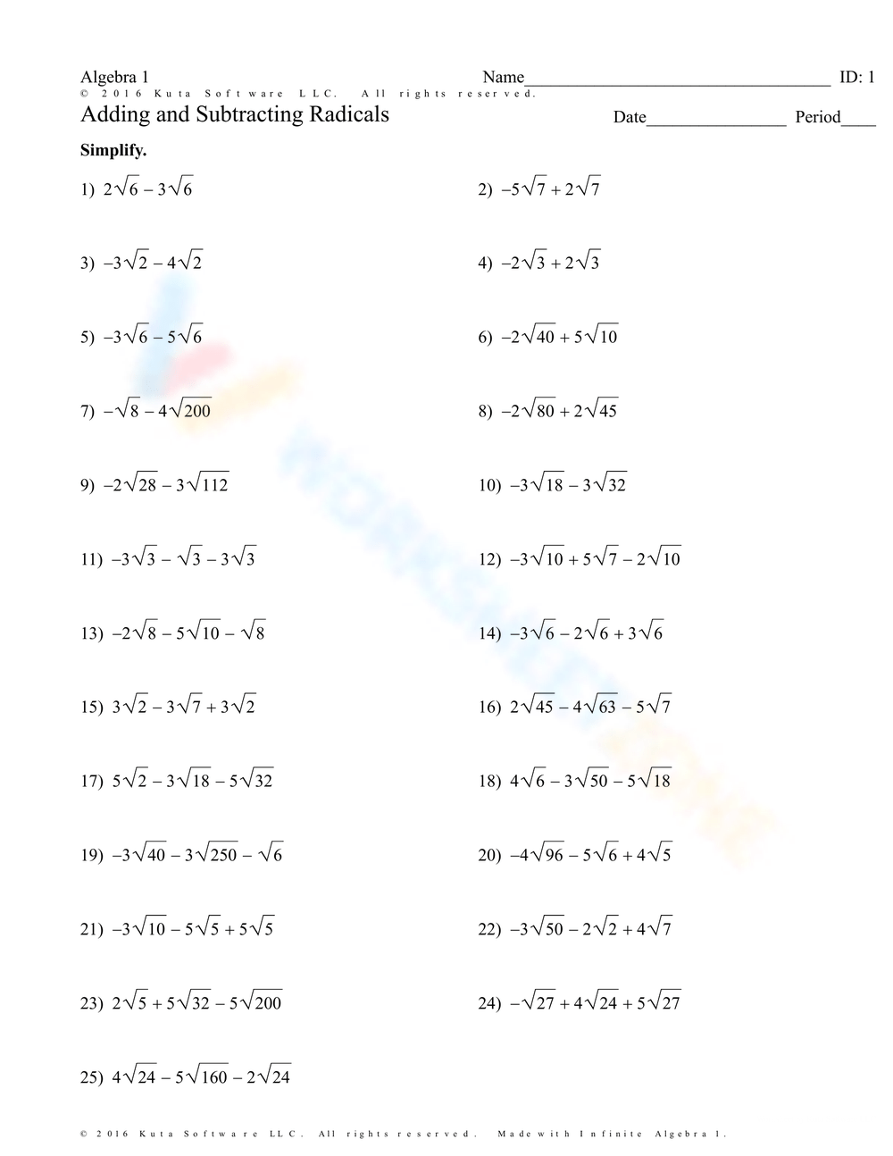 Printable Grade 9 Adding And Subtracting Radicals Worksheets