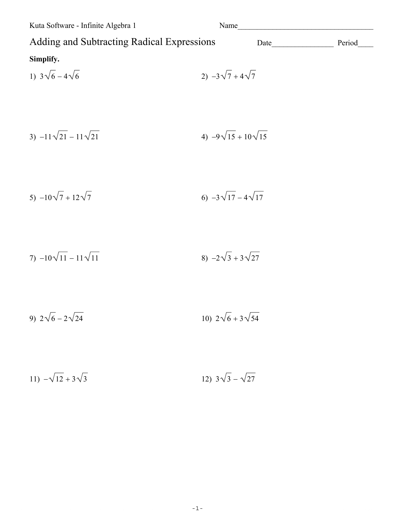 Adding And Subtracting Radicals Worksheets Printable