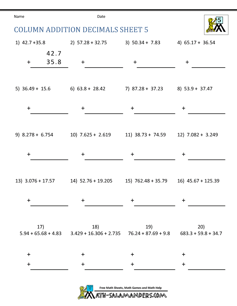 Adding Decimals Worksheet 5th Grade