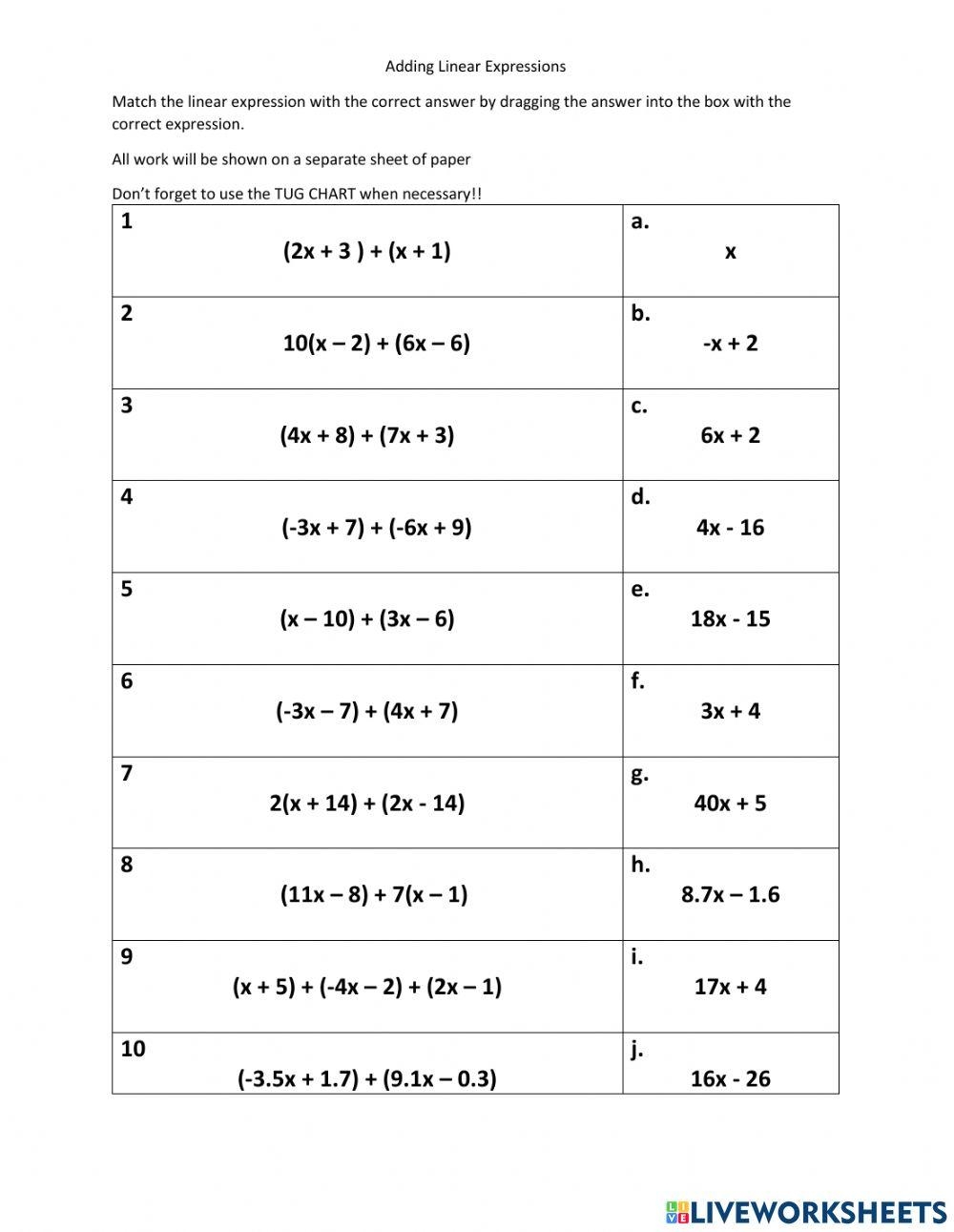 Adding Linear Expressions Matching Worksheet Worksheets Library Adding Linear Expressions Matching Worksheet Worksheets Library