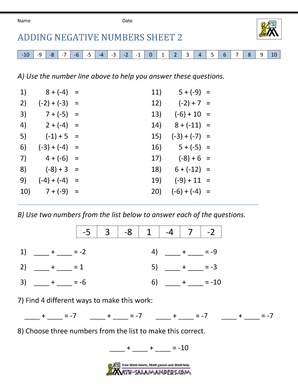 Adding And Subtracting Negative Numbers