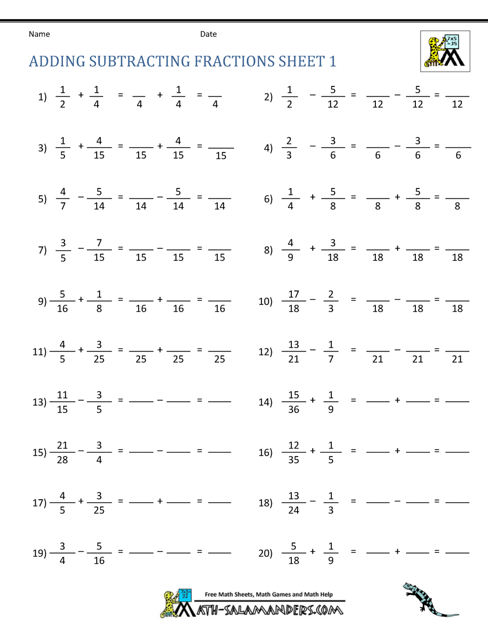 Adding And Subtracting Fractions Worksheet Printable Maths Worksheets