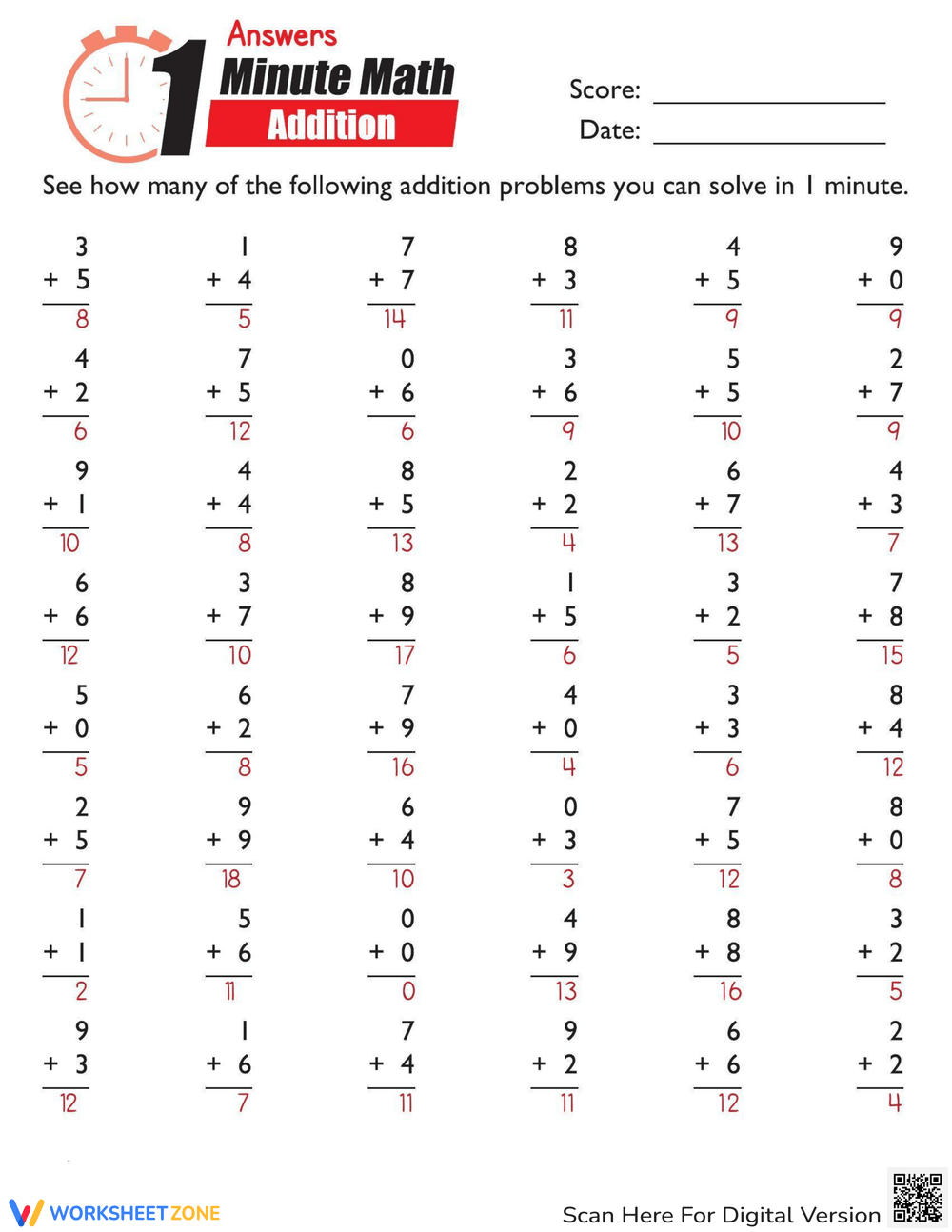 Addition 1 Minute Math Challenge Worksheet Addition 1 Minute Drill 10 Math Worksheets Grades 1 3 PDF Etsy