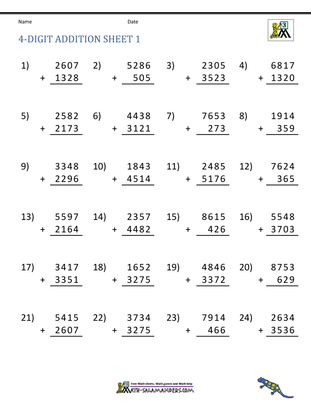 Free Math Addition Worksheets 4th Grade