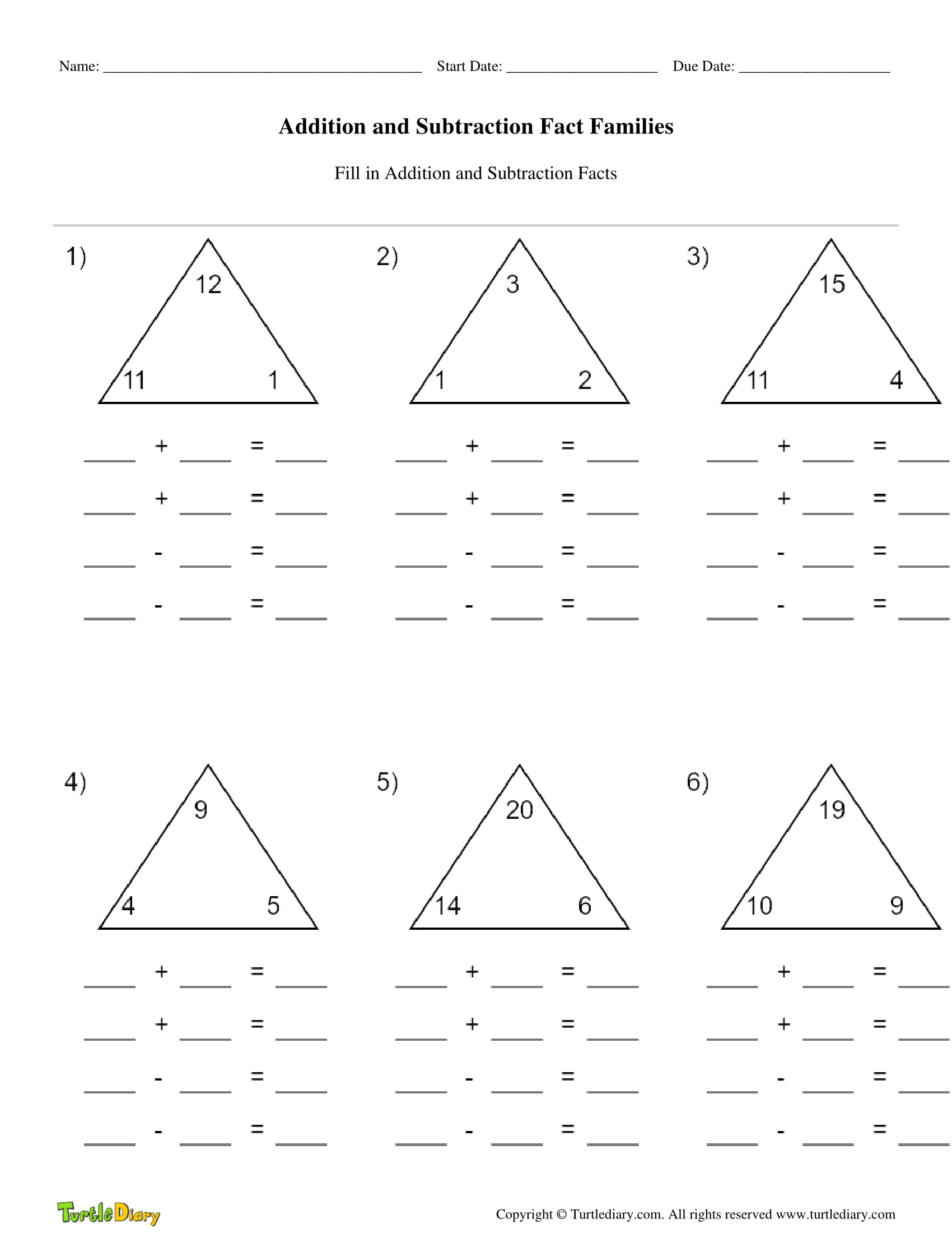 Addition And Subtraction Fact Families Turtle Diary Addition And Subtraction Fact Families Turtle Diary