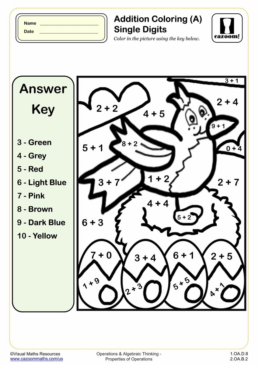 Addition Coloring A Single Digits 1st Grade PDF Addition Worksheets Cazoom Math Addition Color By Number Worksheets Nature Inspired Learning