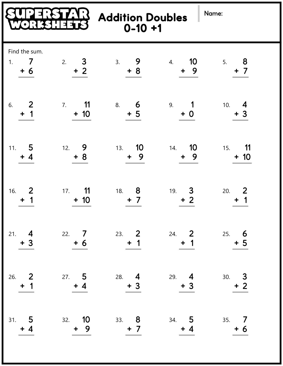 Addition Doubles Worksheets Superstar Worksheets