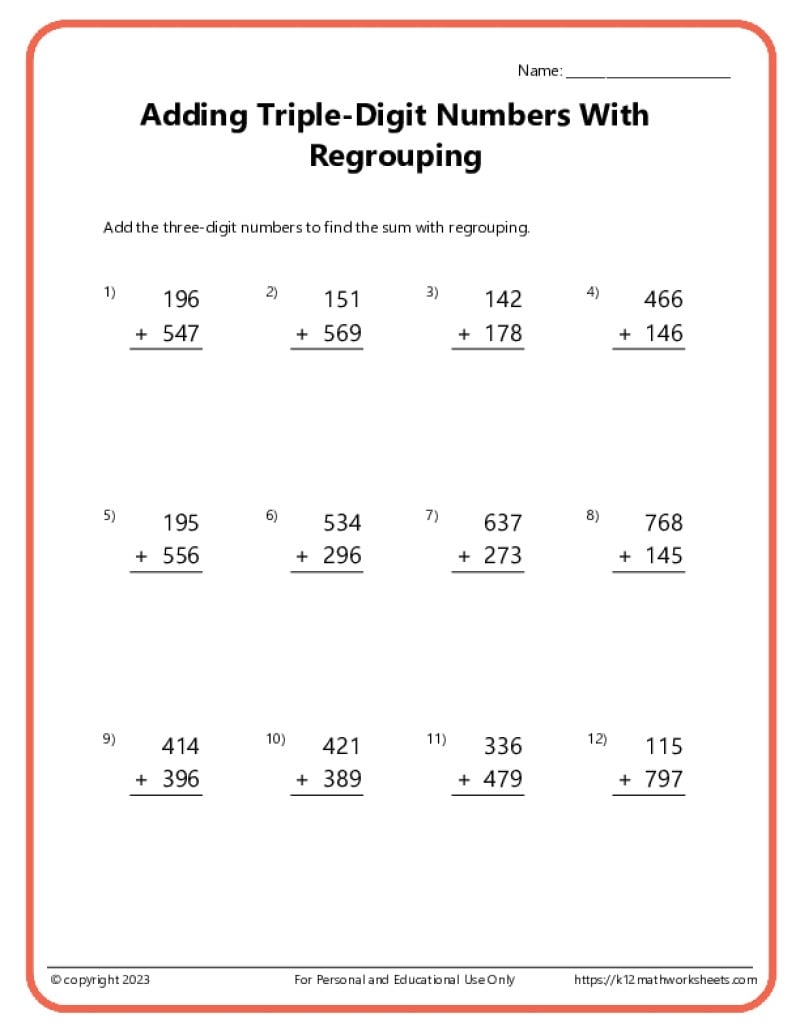 Addition Worksheets K12 Math Worksheets 10 WORKSHEETS OF 3 DIGIT ADDITION WITH REGROUPING By Teach Simple