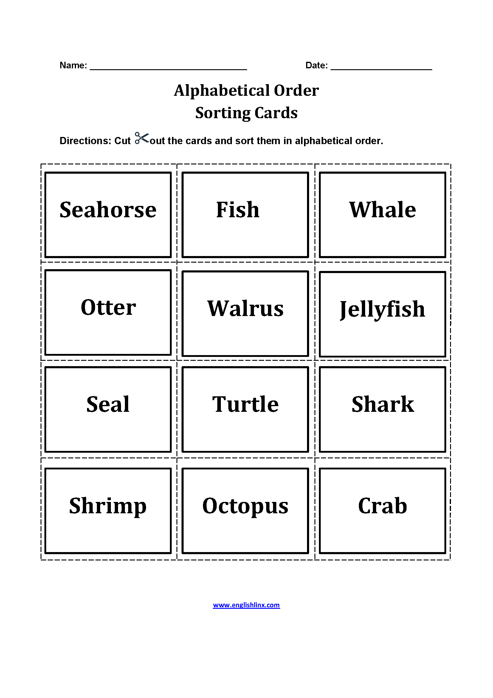 Alphabetical Order Worksheets Sorting Cards Alphabetical Order Worksheets