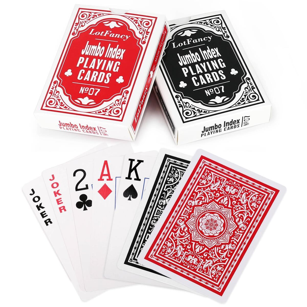 Amazon LotFancy Playing Cards 2 Pack Large Print Jumbo Index Decks Of Cards 1 Black 1 Red Poker Size For Texas Hold Em Blackjack Euchre Cards Games Toys Games