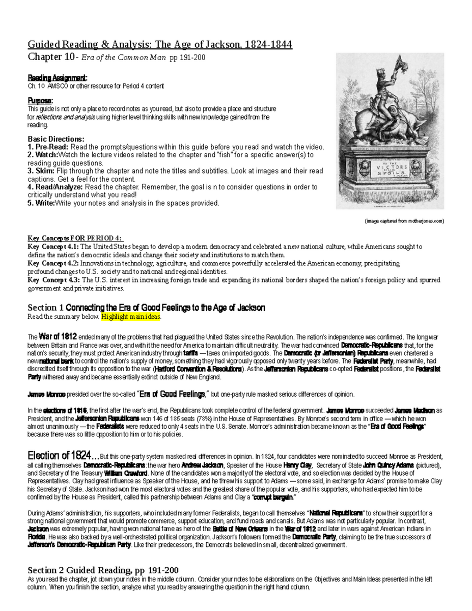 Amsco Ch 10 Guided Reading The Age Of Jackson Democracy Analysis Studocu